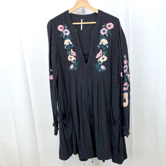 Free People Black Long Sleeve Dress with Floral Embroidery - Picture 1 of 9
